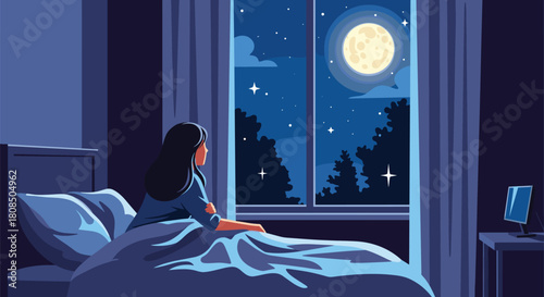 A woman in bed looks out a window at a full moon and starry night sky.