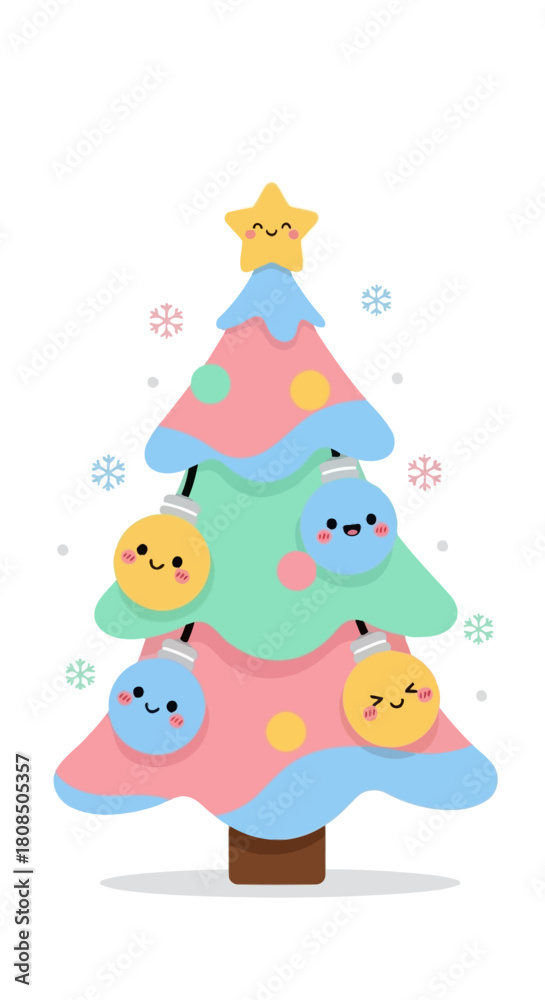 Fototapeta premium A colorful cartoon Christmas tree decorated with ornaments and a star on top, festive.