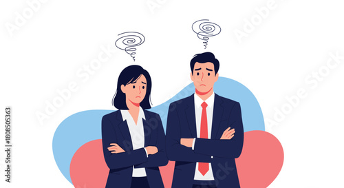 Two business professionals look confused and worried with swirly stress symbols above their heads.