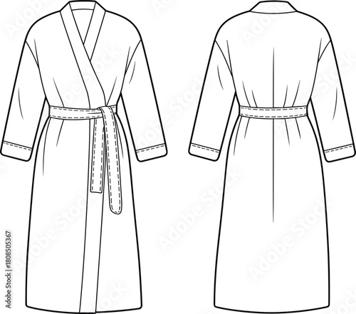 Long Belted Robe Dressing Gown Kimono Technical Fashion Flat Drawing CAD Vector Template Illustration for Sleepwear and Loungewear Design.