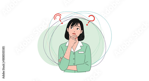 Young woman in a green uniform thinking with question marks above her head.