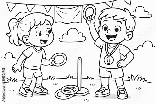 Children's coloring book - Children playing ring toss game outdoors during summer party  