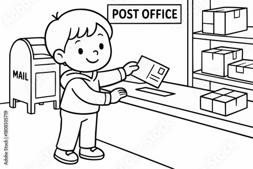 Children's coloring book - The boy sends a letter in the mail