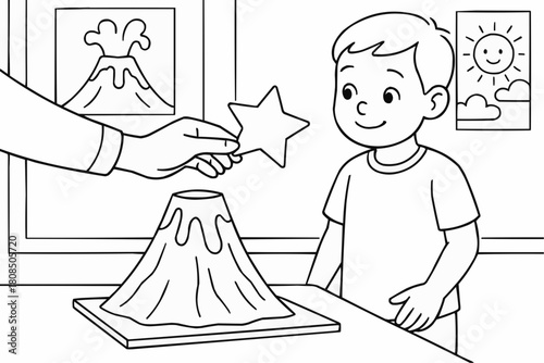 Children's coloring book - A boy smiles as he receives a reward for creating a volcano model