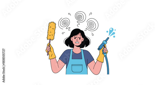 Frustrated person holding a duster and a hose, overwhelmed by chores.