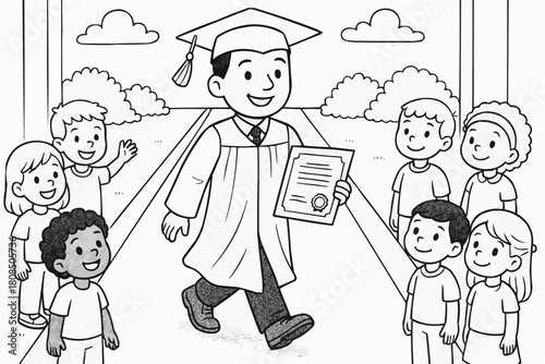 Children's coloring book - Happy boy graduating while holding diploma surrounded by friends  
