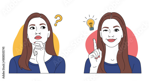Woman thinking with a question mark and then getting an idea with a lightbulb.