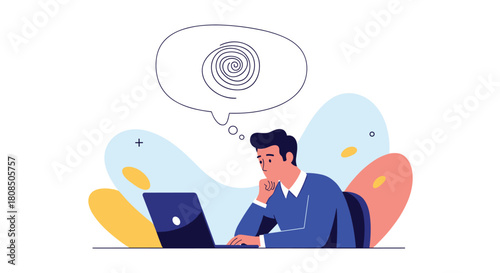 Man looking stressed while working on his laptop with a swirling thought bubble above his head.