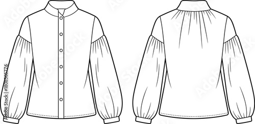 Long sleeve gathered blouse fashion flat with mandarin collar and button front, vector garment sketch, women’s apparel technical drawing