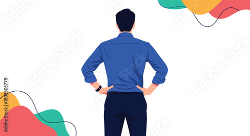 Man standing with hands on hips looking away from the camera, with abstract colorful shapes in the background.