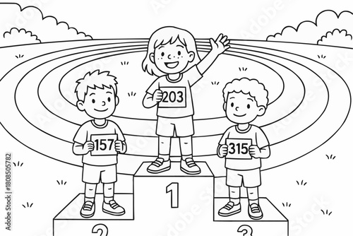 Children's coloring book - Children celebrating on podium after winning sports competition  