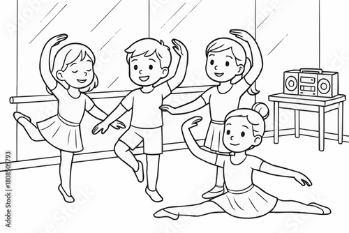 Children's coloring book - Children dancing ballet in a studio with mirrors and music player  