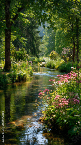 Fototapeta Naklejka Na Ścianę i Meble -  Gentle stream forest wildflower sunlight reflection summer tranquil nature creek green landscape flows through lush forest with calm mood