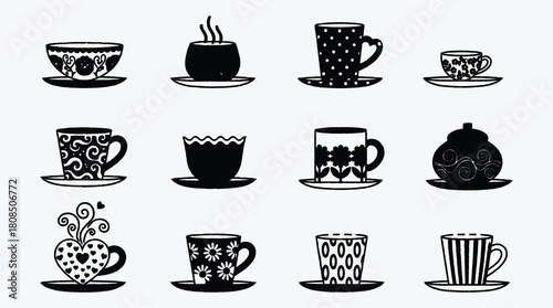Collection of various tea cups and coffee mugs on saucers design