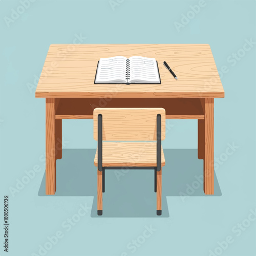 Wooden desk, chair, open book with pen, representing education, learning and workspace setup