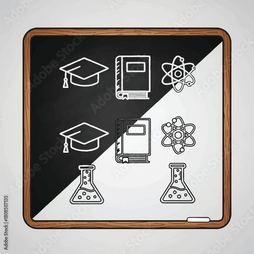 A collection of chalk-drawn education and science icons on a blackboard, featuring symbols for learning, graduation, and academics