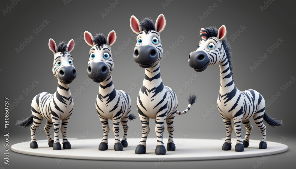 Obraz premium Cute zebra cartoon striped animal black and white big eyes playful herd standing studio light glossy 3D style joyful charm