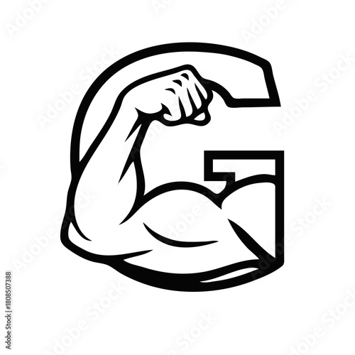 Letter G logo design with a flexing bicep arm, symbolizing strength, fitness, gym, and bodybuilding. Black and white vector illustration.