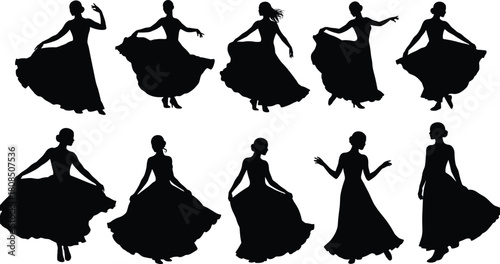 Dancing silhouette, graceful woman, flowing dress, elegant motion, cultural dance, artistic pose, female dancer, twirling movement, expressive choreography, stage performance