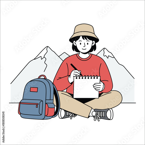 Young Person Sitting Cross-legged with Backpack and Sketchpad in Mountains drawing