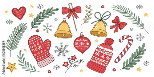 Vector  christmas  festive christmas elements including bells and winter clothing