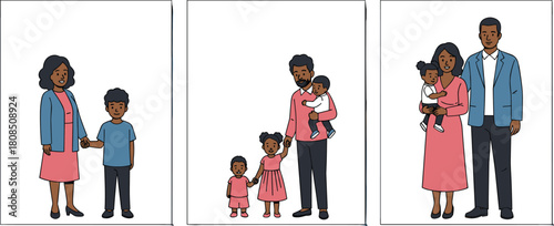 Family illustration set, diverse parents and children, parenting concept art, family bonding scene, casual outfits, love and care visual, lifestyle image