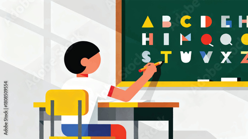 Illustration Of Elementary School Children Learning To Write Letters On A Blackboard Vector Design Template