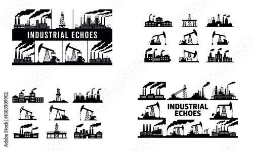Industrial factory silhouette set with oil pump and refinery icons 
