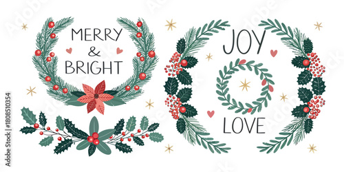 Vector  christmas  festive christmas wreaths with berries and holiday greetings text