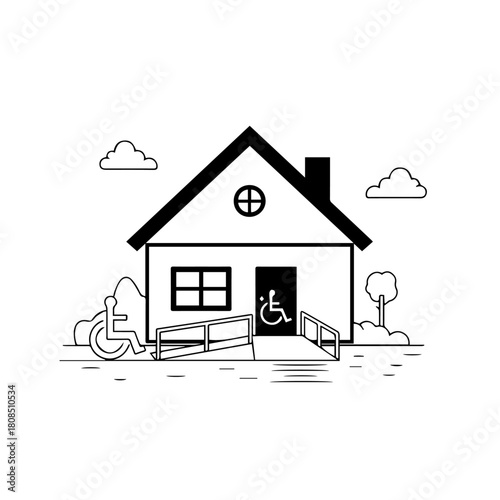 Accessibility friendly house design illustration, featuring a home with a wheelchair ramp leading to the entrance, promoting inclusivity and support for people with disabilities