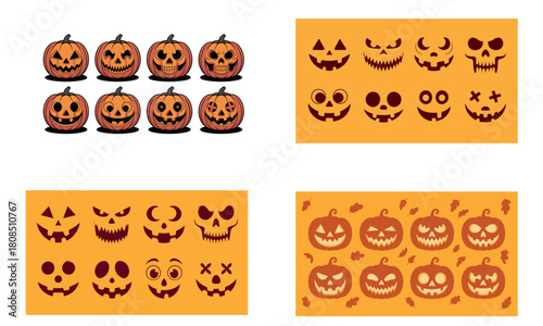 Halloween pumpkin face icon collection with spooky carved expressions
