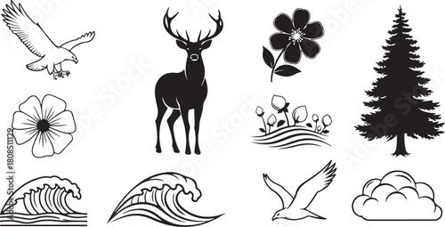 set of deer and natural element silhouettes