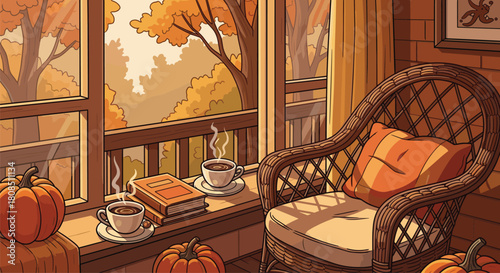 Autumn room view, cozy interior, forest foliage, steaming coffee, pumpkins decor, warm lighting, seasonal comfort, fall ambiance, window scene, tranquil retreat