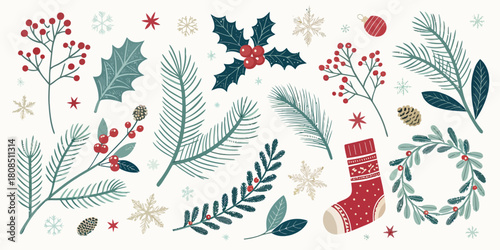 Vector  christmas  christmas themed botanical elements with a stocking and a wreath
