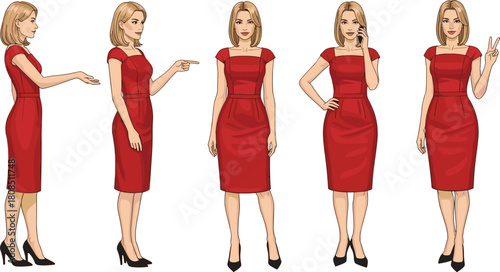 Fashion character illustration, blonde woman poses, red dress style, cartoon female art, gesture variety, stylish model reference, vector design
