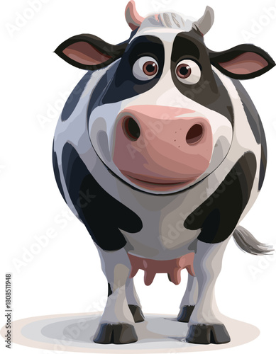 Cartoon-style Holstein dairy cow with pink nose, expressive eyes, and black-and-white patches facing forward on white background