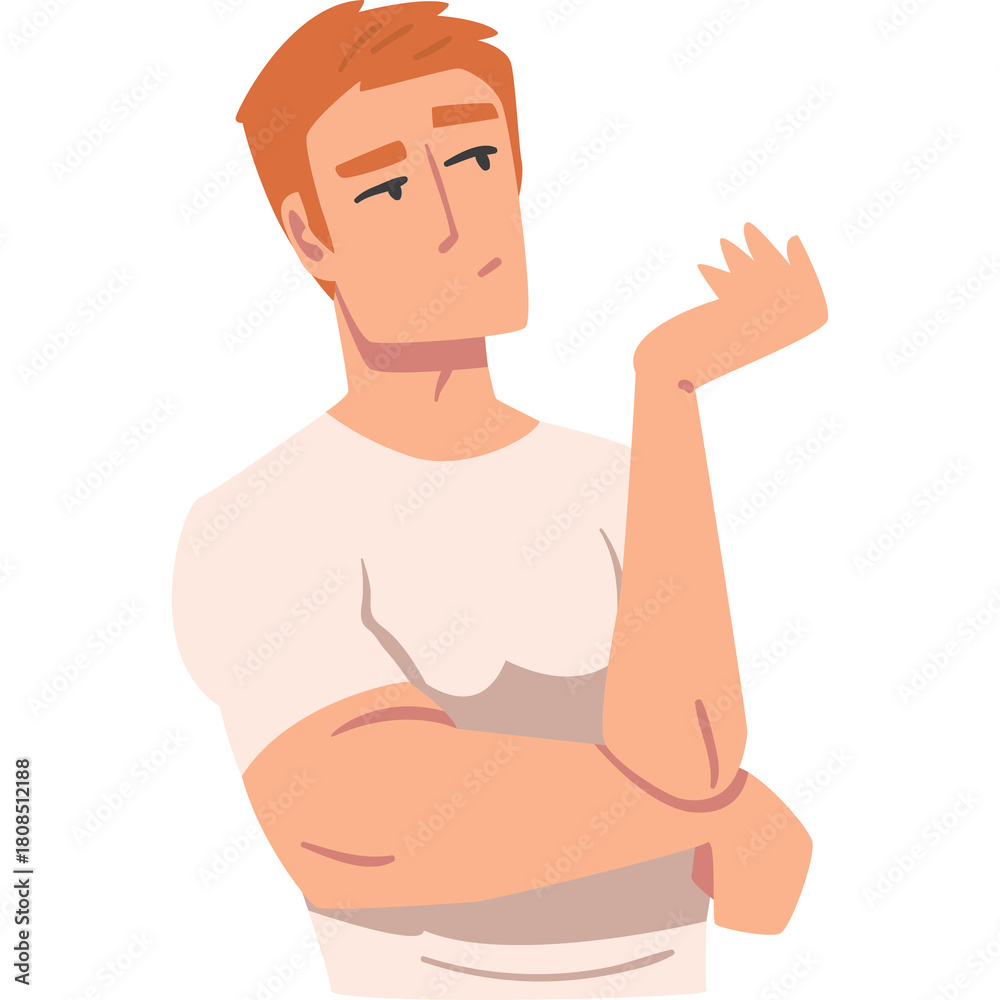 Fototapeta premium Pixelated Portrait of a Thoughtful Man With Auburn Hair Wearing a Light Pink T Shirt With His Arm Folded and Hand Raised Questioning With a White Background