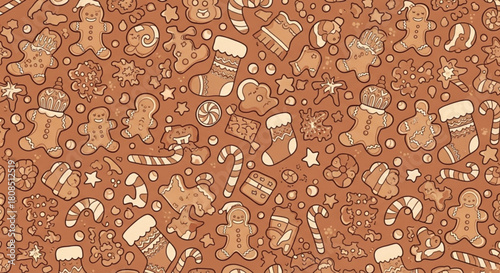 Delightful gingerbread cookies and candies seamless pattern, inviting holiday cheer, perfect for seasonal backgrounds and festive designs, originally a vector graphic