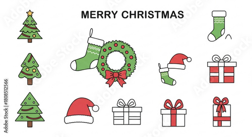 Festive Christmas Cheer with Trees, Wreaths, Stockings and Gifts, Great for Holiday Greetings and Seasonal Designs, Bringing Joy and Celebration, Originally Vector
