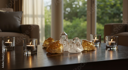 Decorative candles and crystals arranged on coffee table indoors  