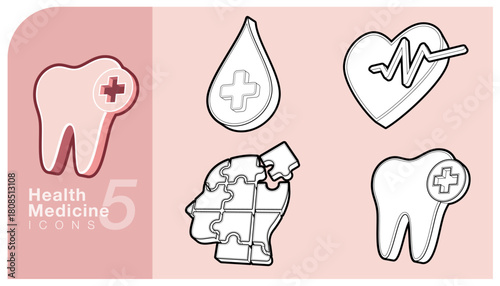 Set of outlined 3D vector icons focused on dental health, blood donation, heart rate and mental health, puzzle concept. Perfect for medical and healthcare visual designs. Vector illustration.