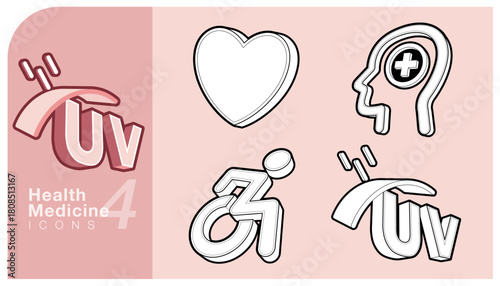 Set of outline 3D vector icons representing health and medical concepts, including heart shape, mental health, UV protection and disability access symbols. Suitable for medical, healthcare design.