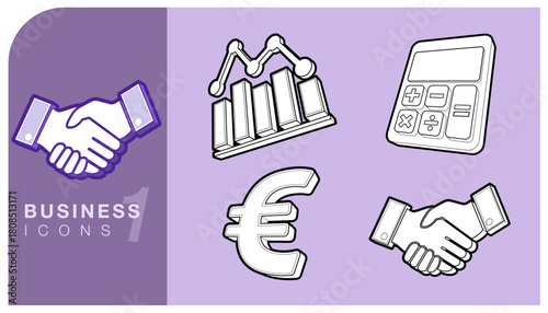 Collection of business finance and calculations icons including a handshake, financial graph, the Euro currency and calculator. These icons represent key business and financial concepts. Vector EPS.