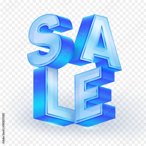 Shiny 3D blue glass SALE text design on a transparent background. Modern, bold promotional typography suitable for advertising, marketing banners and discount campaigns. Vector illustration.