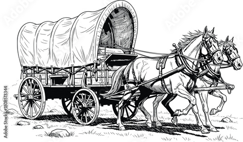 Vintage covered wagon pulled by horses, old west transportation illustration, historic frontier carriage drawing with detailed line art and classic rural scenery