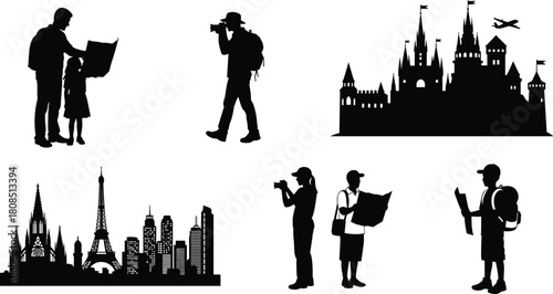 Tourist silhouettes exploring landmarks with maps and cameras, travel adventure people vector set featuring city skyline, castle, and vacation exploration themes