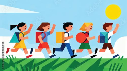 Illustration Of Excited Children Walking To School With New Bags On A Bright Morning Vector Design Template