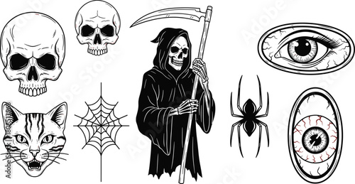 Grim Reaper and horror elements in black and white Halloween illustration featuring skulls, spiders, cat, and eerie eyeballs