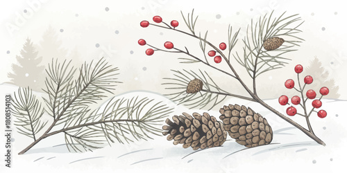 Vector  christmas  winter scene with pine cones berries and snow covered branches art