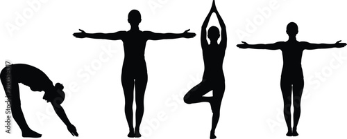 Yoga silhouette poses collection, standing stretch, balance posture, fitness exercise illustration, meditation and flexibility training graphic for wellness and health
